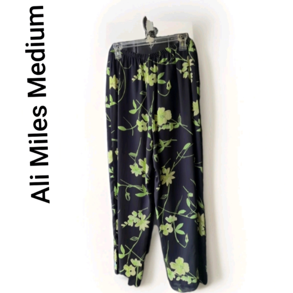 Vintage Ali Miles High Waist Trouser Pants Womens Med Cropped Floral Green Black